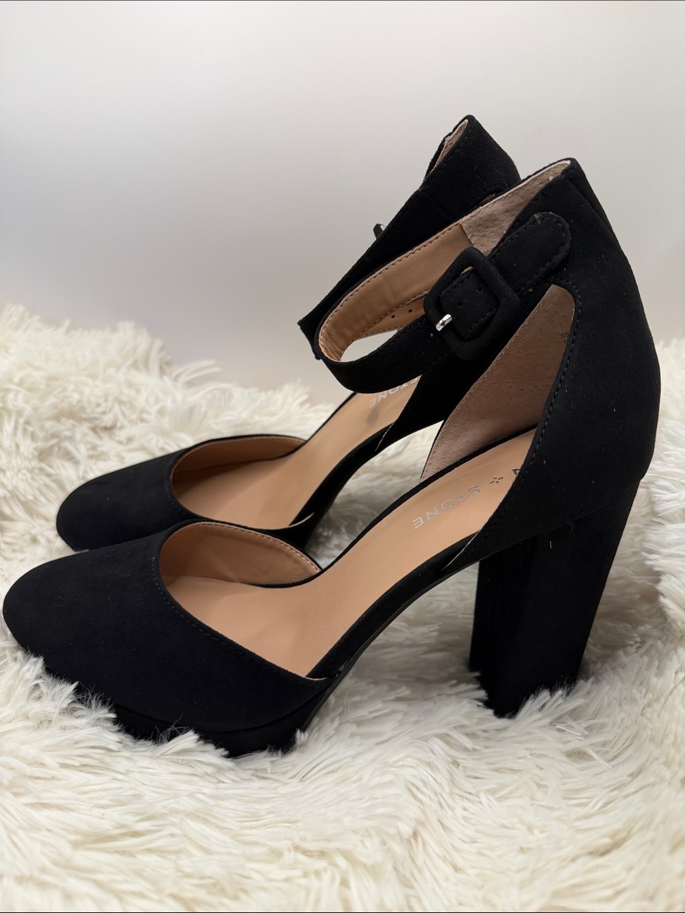 Sun + Stone Black Suede Ankle-Strap Block Heels
